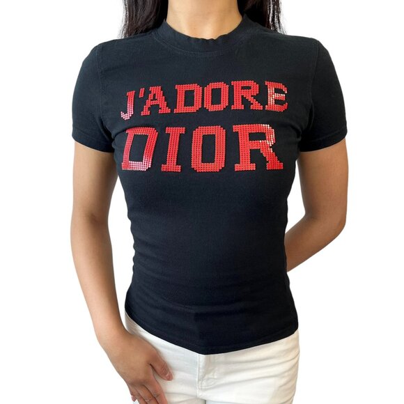 Christian Dior Vintage 2003 J'ADORE Big Logo T-shirt #38 Top Red Studs [105948] - Picture 1 of 9